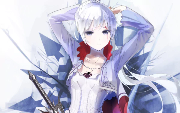 A captivating HD wallpaper featuring Weiss Schnee from the anime RWBY, portrayed with striking details and a dynamic pose against a backdrop of icy elements.