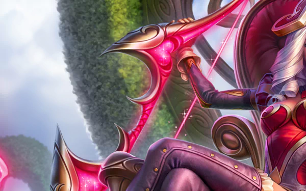 HD PC desktop wallpaper featuring Ashe from the video game League of Legends, showcasing her wielding a glowing, ornate bow in a detailed fantasy setting.