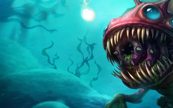 HD PC desktop wallpaper of Kog'Maw from the video game League of Legends: a toothy, bioluminescent maw and writhing tentacles emerging from turquoise depths.