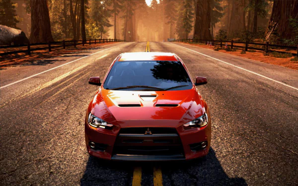 A striking HD wallpaper featuring a red car on an open road, inspired by the video game Need For Speed: Hot Pursuit, surrounded by scenic nature and a warm sunset glow.