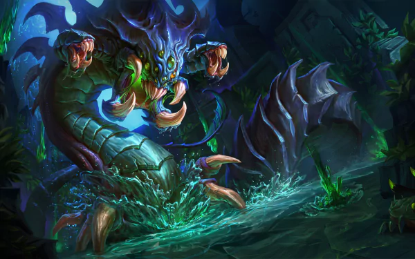 A vibrant HD wallpaper featuring Baron Nashor from League of Legends, showcasing the menacing creature emerging from dark waters in a mystical game environment.