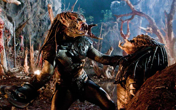 HD PC desktop wallpaper featuring Berserker Predator in an intense battle scene from the movie Predators, set in a dark, eerie forest environment.