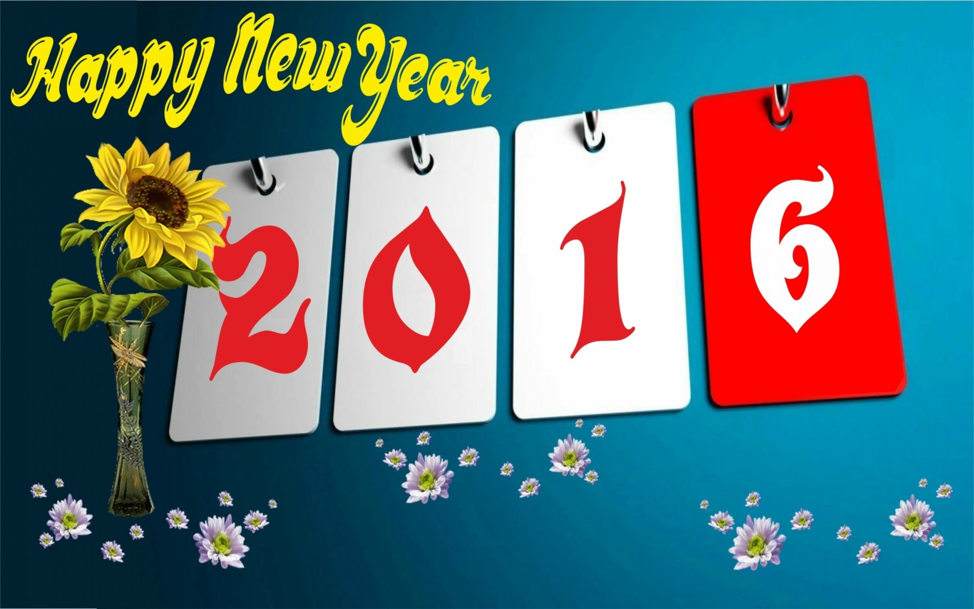 2K Quad HD PC desktop wallpaper: festive New Year 2016 holiday design with Happy New Year text, four hanging cards displaying 2016, sunflower and scattered daisies on teal background.