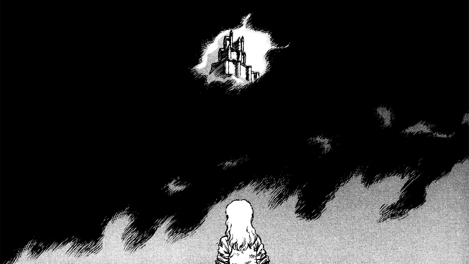 A striking HD anime wallpaper from Berserk, featuring a figure gazing toward a distant, looming structure against a dark, atmospheric backdrop.