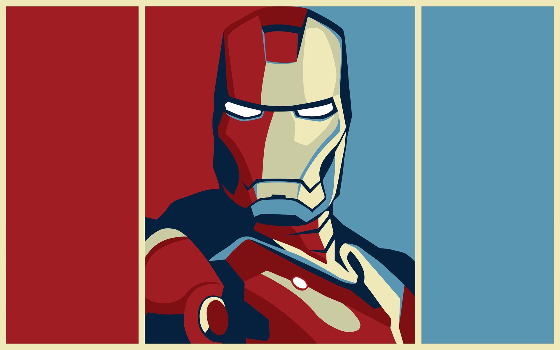 Comic-style Iron Man portrait in red, cream and blue triptych panels — HD PC desktop wallpaper and background.