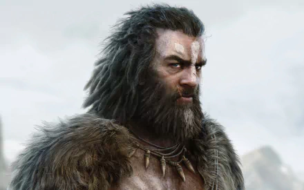 A detailed HD wallpaper featuring a rugged character from Far Cry Primal, showcasing a fierce expression and tribal attire against a dramatic landscape.