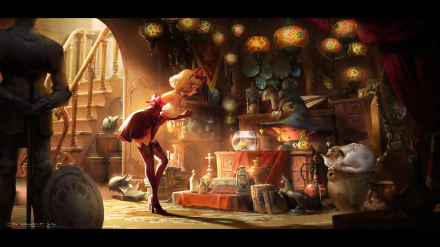 A whimsical fantasy shop filled with colorful lanterns, artifacts, and a curious cat. A figure admires the treasures, immersed in a magical ambiance. HD PC desktop wallpaper.