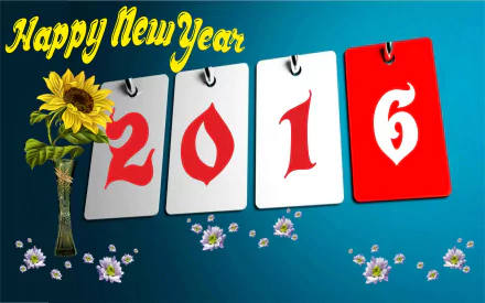2K Quad HD PC desktop wallpaper: festive New Year 2016 holiday design with Happy New Year text, four hanging cards displaying 2016, sunflower and scattered daisies on teal background.