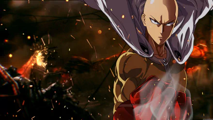 HD desktop wallpaper featuring Saitama from the anime One-Punch Man, standing confidently with his fist raised, against a dramatic, fiery background.