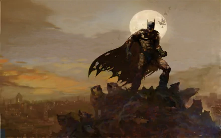 A striking HD desktop wallpaper featuring Batman from DC Comics, standing heroically against a backdrop of a setting sun and a full moon, capturing the essence of the iconic character.