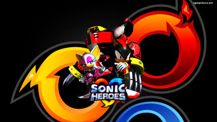 This HD wallpaper features Rouge the Bat, E-123 Omega, and Shadow the Hedgehog from the video game Sonic Heroes, set against a dynamic background.