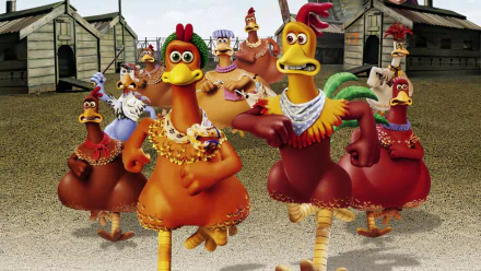 HD PC desktop wallpaper from the movie Chicken Run: colorful chickens in determined poses running from farm coops, set against a barnyard background.