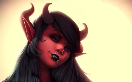 HD fantasy desktop wallpaper featuring a dark-haired succubus with red skin, curved horns, and black lipstick against a glowing background.