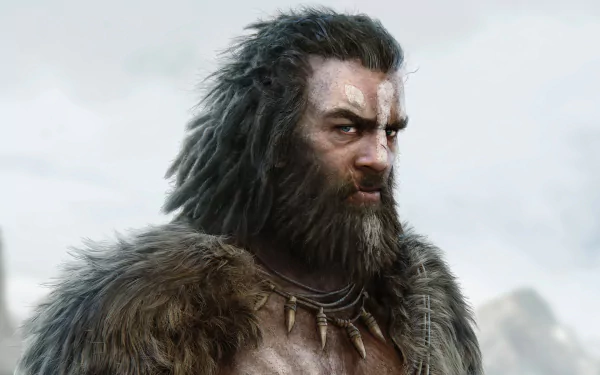 A detailed HD wallpaper featuring a rugged character from Far Cry Primal, showcasing a fierce expression and tribal attire against a dramatic landscape.