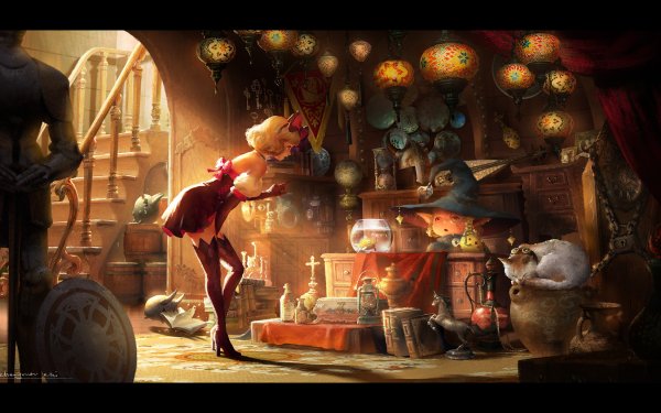 Fantasy People Lantern Cat Shop HD Wallpaper | Background Image