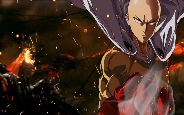 HD desktop wallpaper featuring Saitama from the anime One-Punch Man, standing confidently with his fist raised, against a dramatic, fiery background.