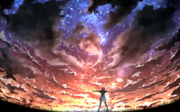 HD desktop wallpaper and background featuring Kaori Miyazono from 'Your Lie in April,' with a stunning, colorful sky as the backdrop.