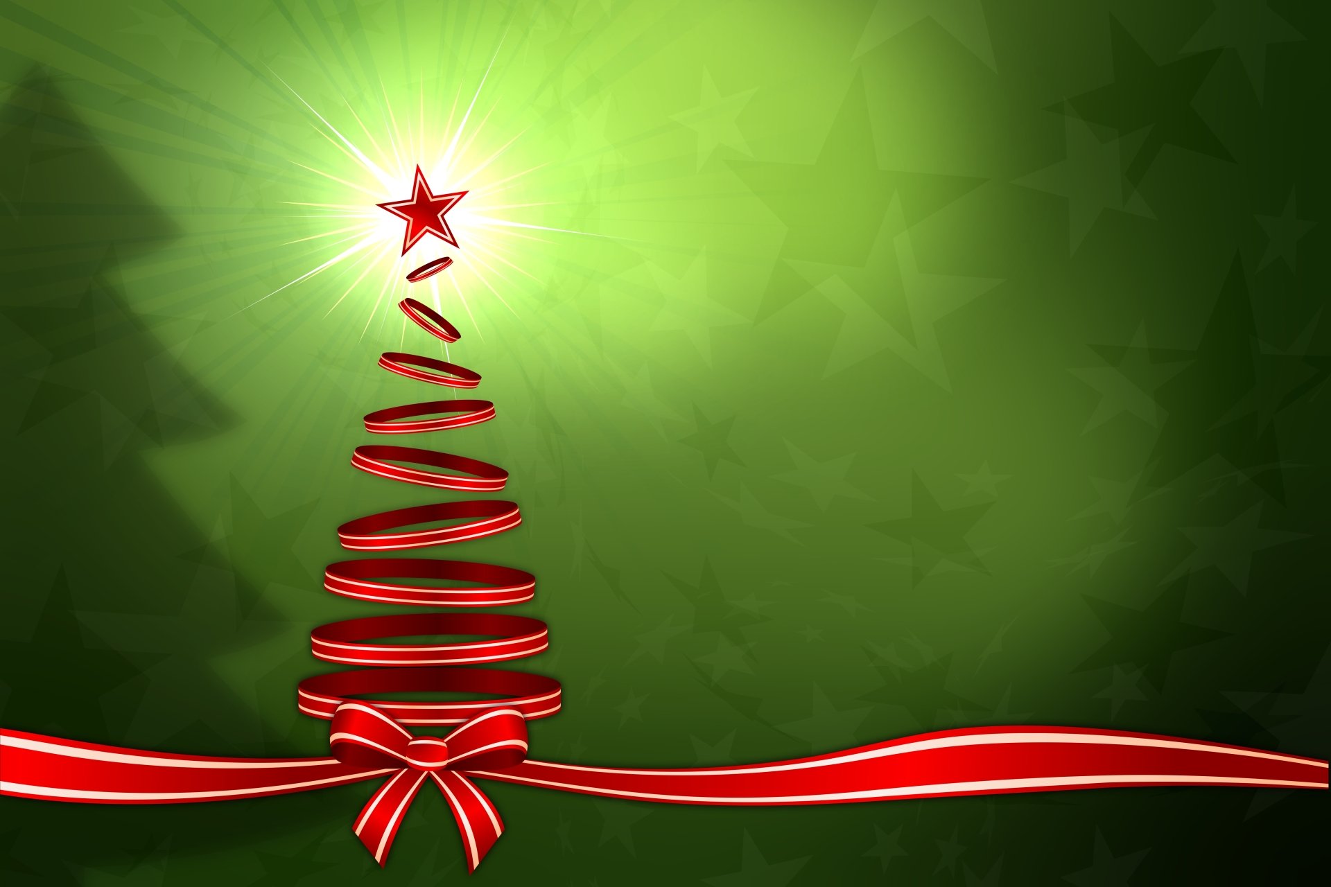 A vibrant green holiday-themed 4K Ultra HD wallpaper featuring a stylized Christmas tree made of red ribbon topped with a glowing red star.