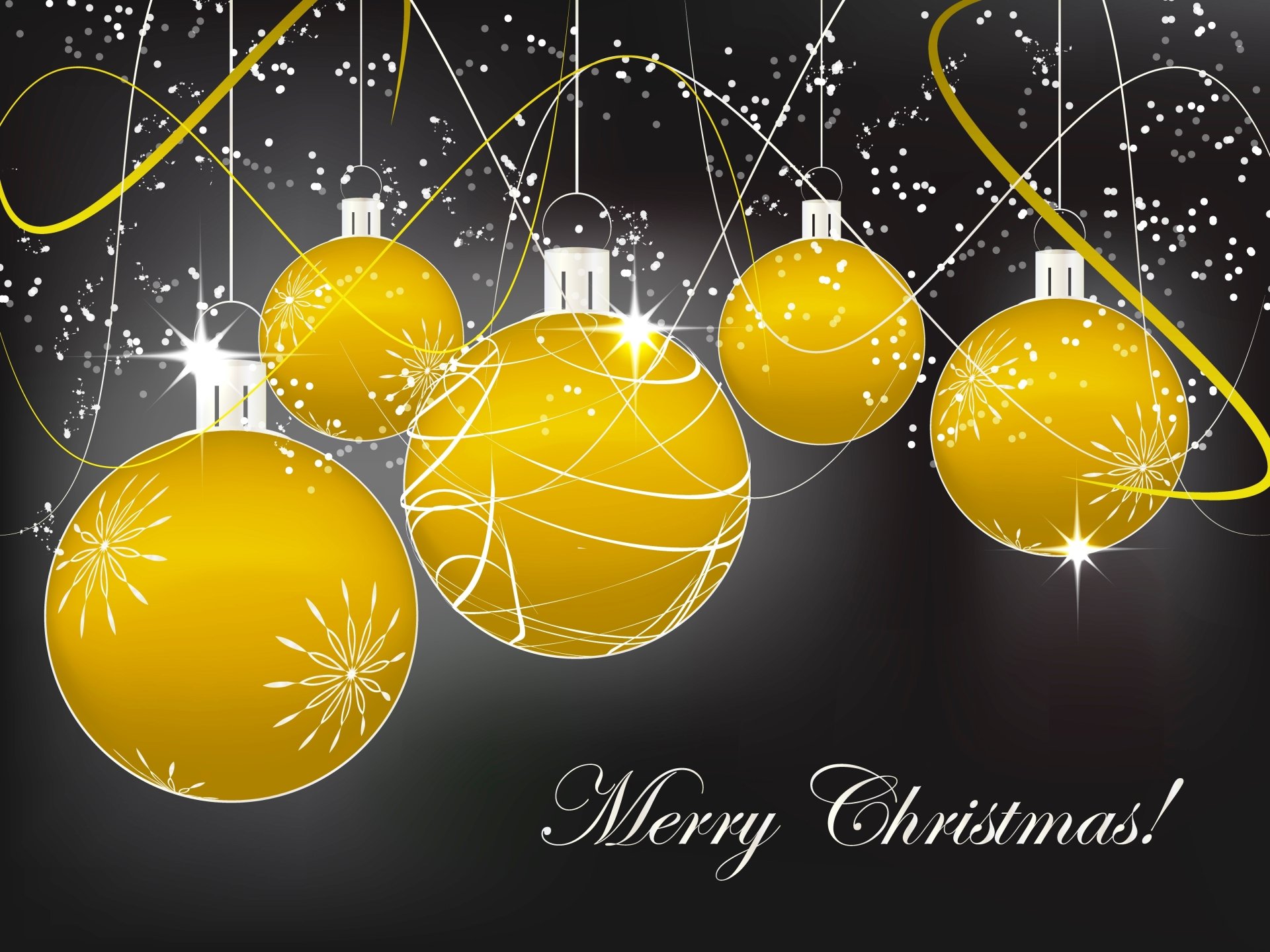 A festive 4K Ultra HD wallpaper featuring shimmering gold Christmas ornaments and a Merry Christmas! message, set against a sparkling background.