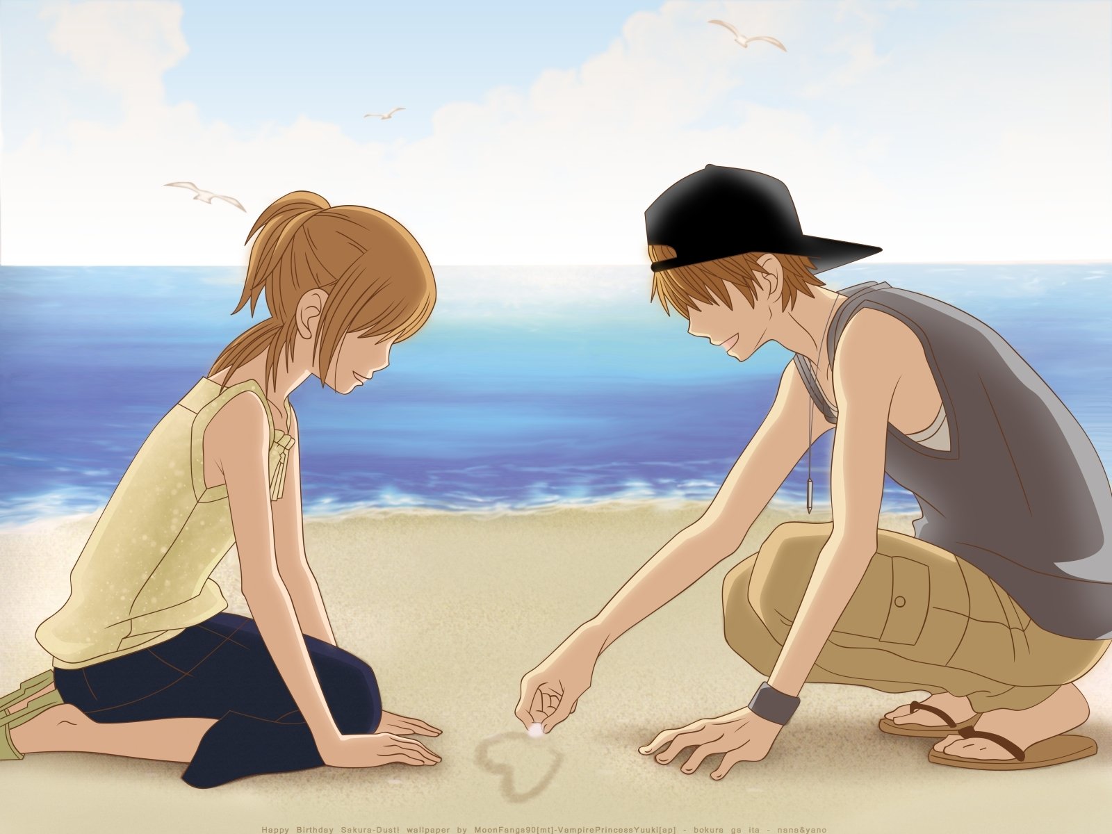 An HD wallpaper featuring Motoharu Yano and Nanami Takahashi from the anime We Were There, capturing a serene moment on the beach as they interact on the sand.