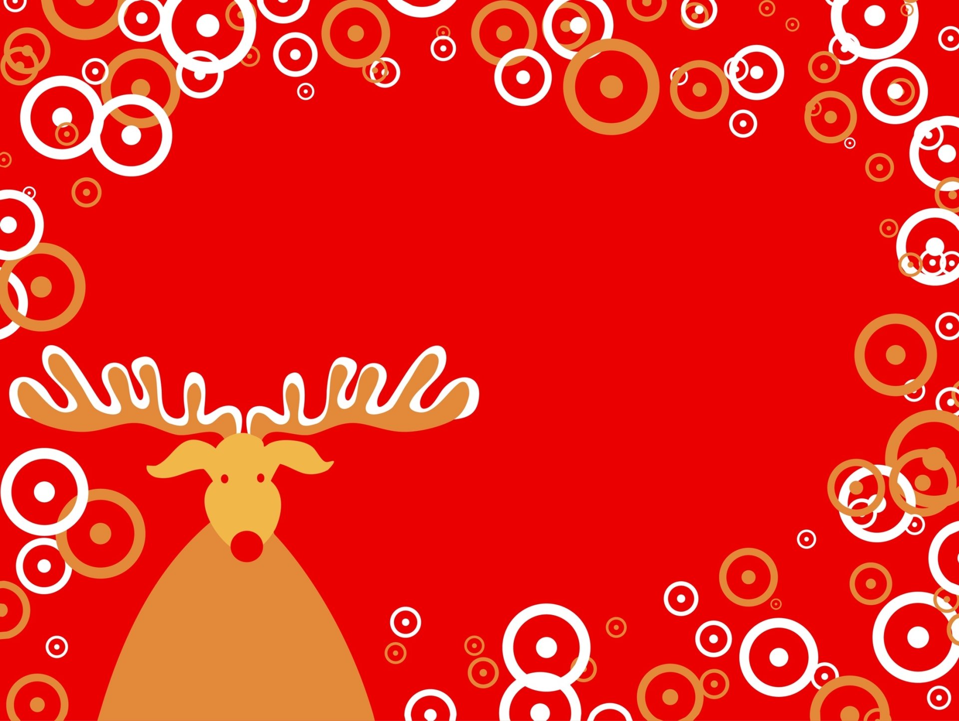 HD PC desktop wallpaper featuring a red holiday background with a reindeer and decorative white and red circles framing the scene for a festive Christmas atmosphere.
