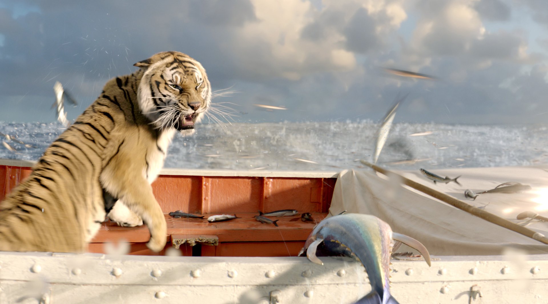 HD PC desktop wallpaper from the movie Life of Pi, featuring a tiger on a boat amid flying fish and ocean waves under a cloudy sky.