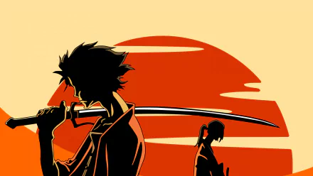 HD desktop wallpaper featuring Jin and Mugen from the anime Samurai Champloo, set against a stylized sunset background.