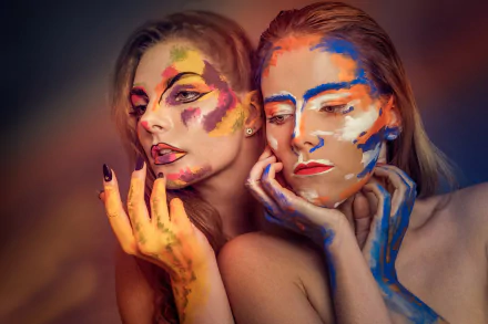 HD PC desktop wallpaper of two brunette female models with colorful paint across their faces and hands against a soft-focus background.