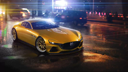 A stunning Mazda RX Vision Concept car shines in a vibrant yellow hue, set against a rainy cityscape, creating a captivating HD desktop wallpaper.