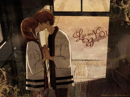 A romantic scene from We Were There, featuring Motoharu Yano and Nanami Takahashi sharing a kiss with an atmospheric background, suitable as an HD PC desktop wallpaper.