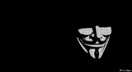 HD desktop wallpaper featuring a monochromatic image of a stylized Guy Fawkes mask, symbolizing anonymity and technology, against a black background.