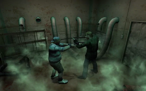 HD PC desktop wallpaper featuring a tense confrontation scene from the video game Silent Hill, set in a foggy, dimly lit industrial environment.