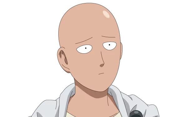 Saitama from One-Punch Man is depicted in this 4K Ultra HD wallpaper. The character's signature bald head and expression convey his unique blend of power and indifference.
