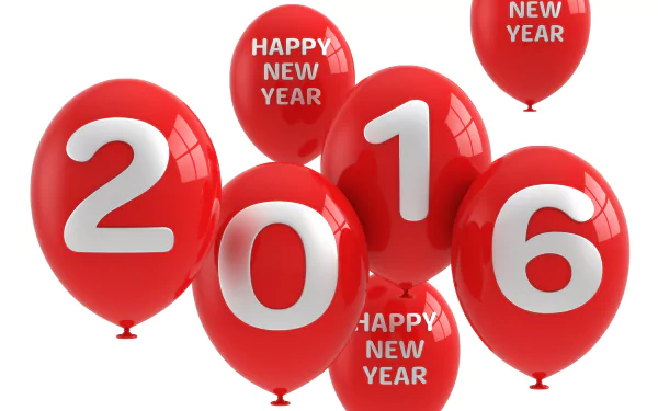 Holiday New Year 2016 4K Ultra HD PC wallpaper — red balloons with white 2016 numerals and Happy New Year text on a white background.