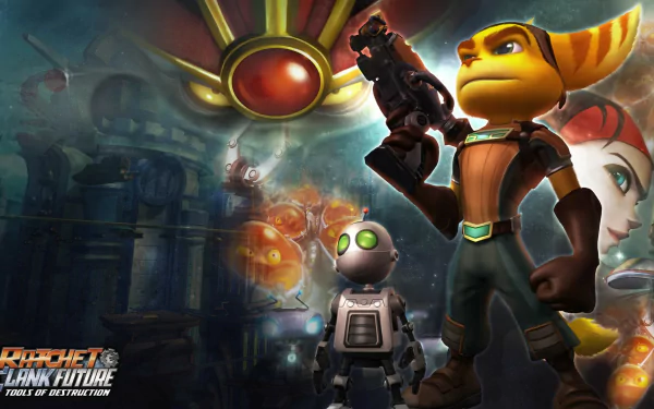 HD PC desktop wallpaper featuring Ratchet and Clank from the video game Ratchet & Clank Future: Tools of Destruction in a dynamic sci-fi environment.