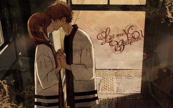 A romantic scene from We Were There, featuring Motoharu Yano and Nanami Takahashi sharing a kiss with an atmospheric background, suitable as an HD PC desktop wallpaper.
