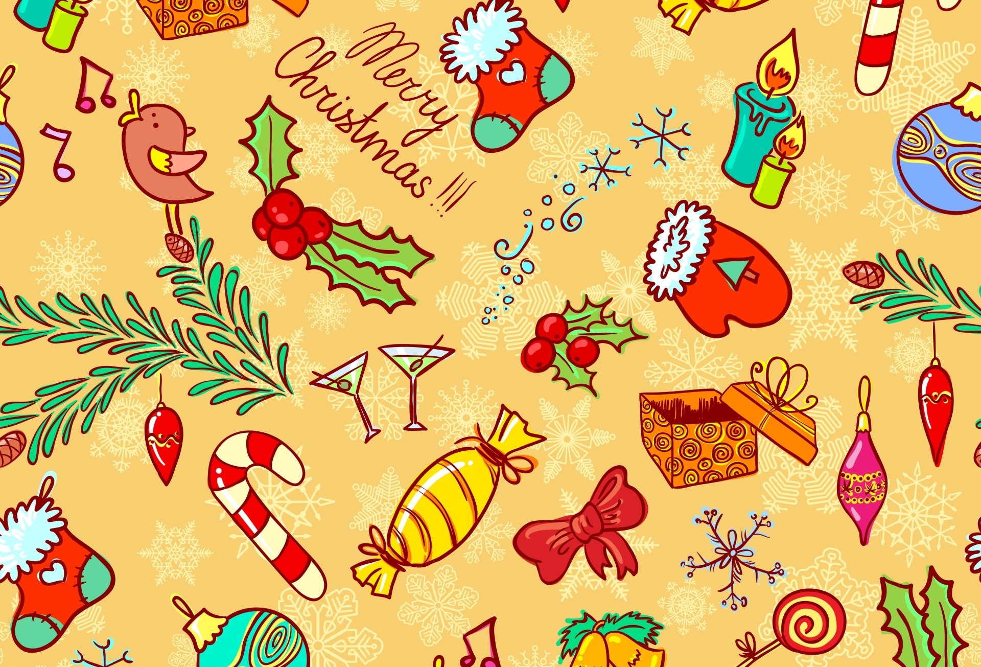 Colorful Merry Christmas holiday-themed 4K Ultra HD PC desktop wallpaper featuring festive icons like candy canes, mittens, holly, gifts, and ornaments on a warm background.