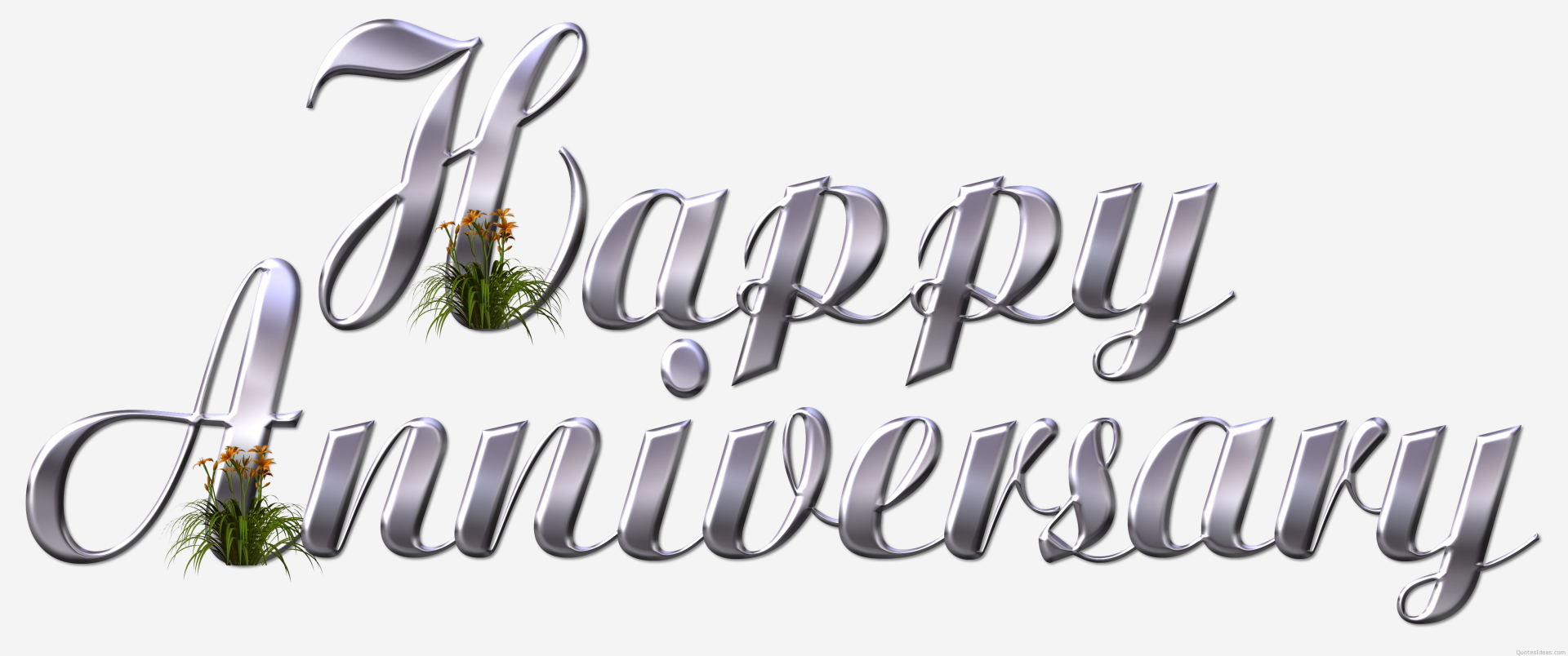 HD PC desktop wallpaper featuring the words Happy Anniversary in metallic script with small flowers, evoking a holiday and celebratory theme.