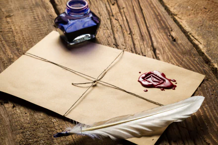 HD photography of a vintage letter sealed with red wax and tied with string, accompanied by a feather quill and ink bottle on a rustic wooden surface.