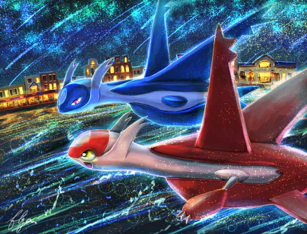 High-definition desktop wallpaper featuring Latios and Latias from Pokémon: Heroes in an anime-style nighttime cityscape background.