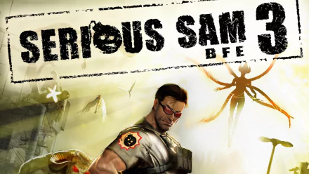 HD PC desktop wallpaper/background for the video game Serious Sam 3: sunglasses-wearing hero armed and ready amid alien creatures and a ruined landscape, the Serious Sam 3 BFE title across the top.