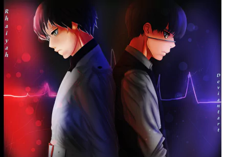 HD desktop wallpaper featuring Haise Sasaki and Ken Kaneki from Tokyo Ghoul:re. The dual-tone artwork highlights the two characters with an artistic heartbeat line in the background.