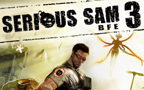 HD PC desktop wallpaper/background for the video game Serious Sam 3: sunglasses-wearing hero armed and ready amid alien creatures and a ruined landscape, the Serious Sam 3 BFE title across the top.