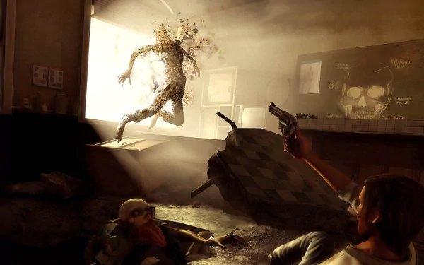 HD PC desktop wallpaper — obscure video game: survivor fires a pistol at a glowing, leaping creature bursting through a doorway while undead crawl across a ruined room.