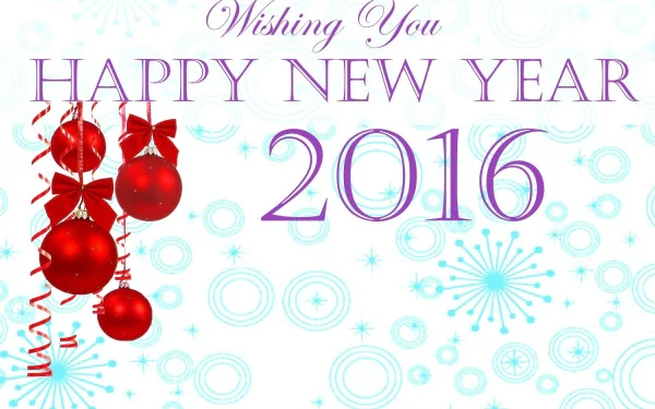 HD PC desktop wallpaper featuring red holiday ornaments and stylized text wishing a Happy New Year 2016 against a festive, light blue background.