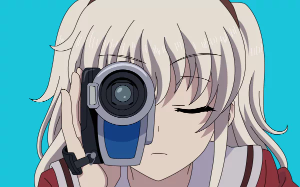 HD desktop wallpaper featuring Nao Tomori from the anime Charlotte, depicted with closed eyes and holding a camcorder against a blue background.