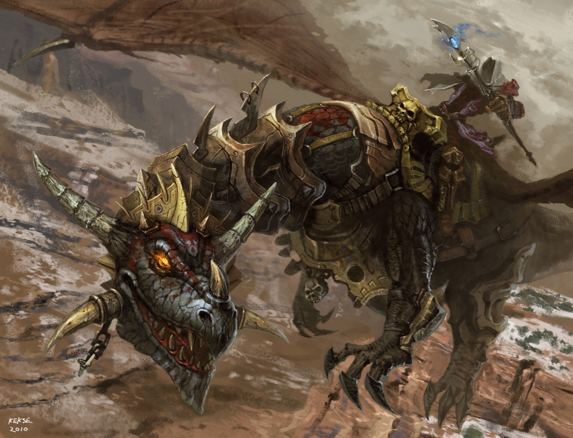 HD fantasy desktop wallpaper depicting an armored wizard wielding a staff, riding a fierce dragon through a rugged, rocky landscape.