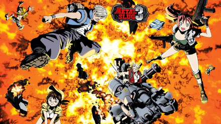 HD PC desktop wallpaper and background of the METAL SLUG 3 video game: comic-style soldiers and a mini-mech tank flying through a massive orange explosion.