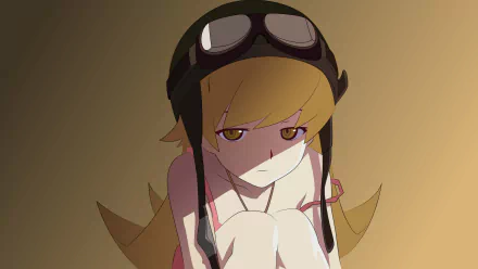 Shinobu Oshino from Monogatari Series: Second Season, depicted with blonde hair, yellow eyes, and an aviator helmet in a 4K Ultra HD anime wallpaper background.