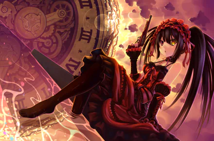 HD wallpaper featuring Kurumi Tokisaki from the anime Date A Live, showcasing heterochromia, in detailed art with a clockwork background at sunset.